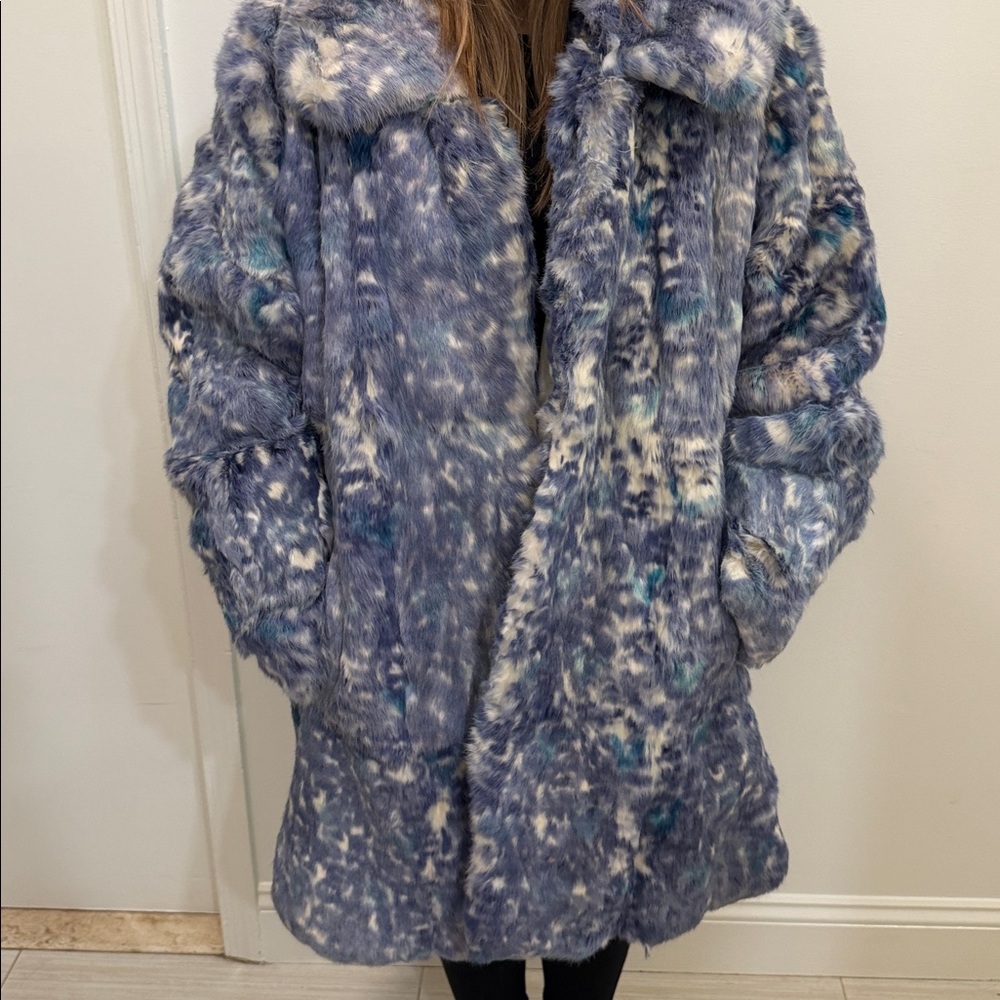 Women's Blue Real Rabbit Fur Coat - Picture 3 of 14